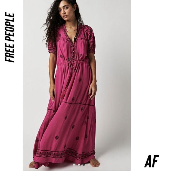 FREE PEOPLE RILEY SMOCKED MAXI DRESS IN FUCHSIA NEW - Picture 4 of 11